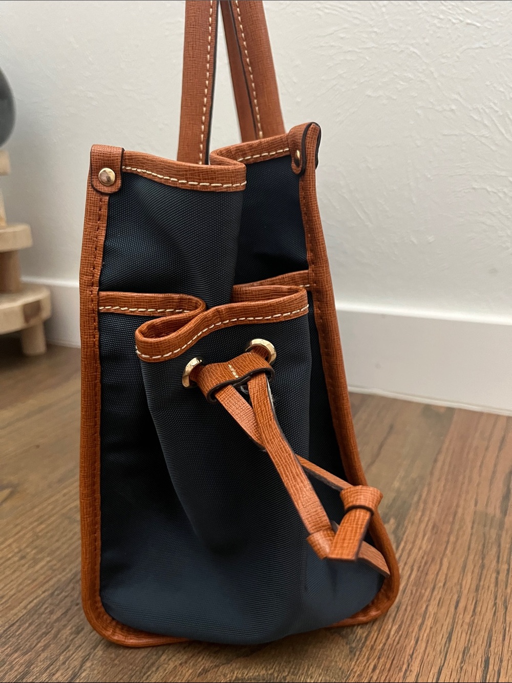 Dooney & Bourke Navy Tote with Tan Leather Trim and Red Interior - Picture 4 of 10